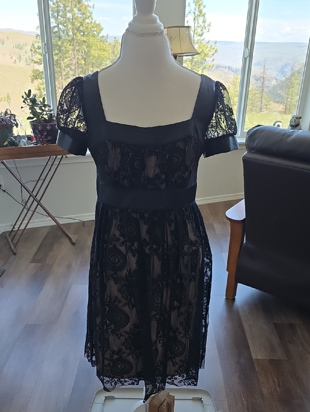 Vintage London Times Black Lace Cocktail Dress with Satin Trim